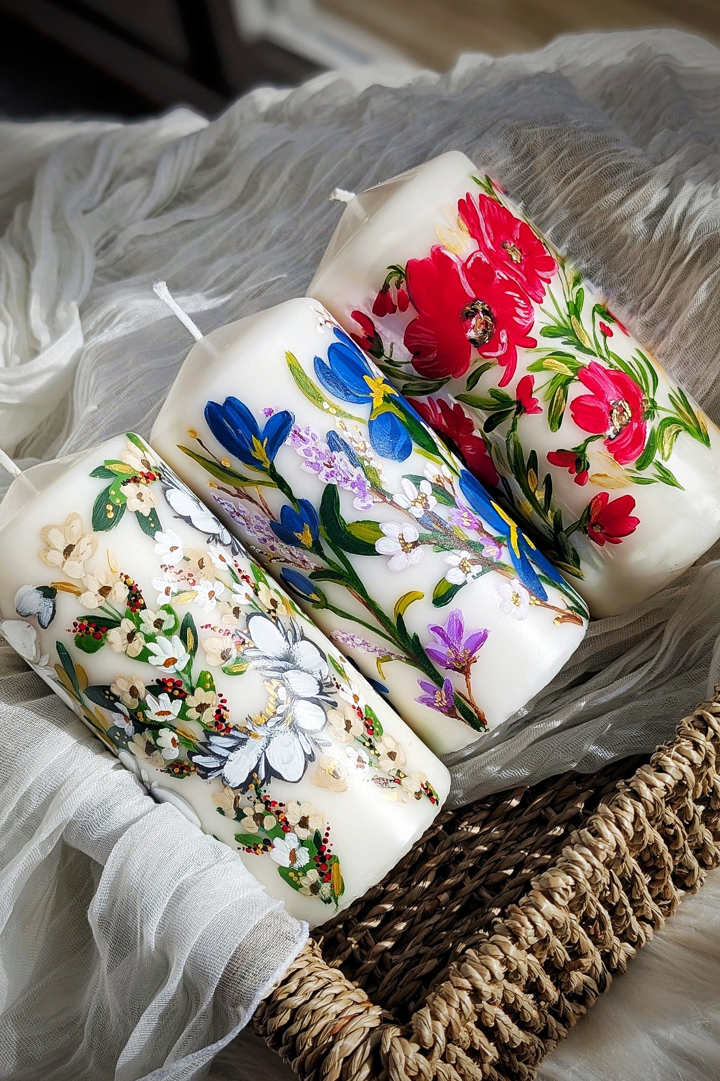 Decorative Hand-Painted Pillar Candle - 10cm Ivory (Small)