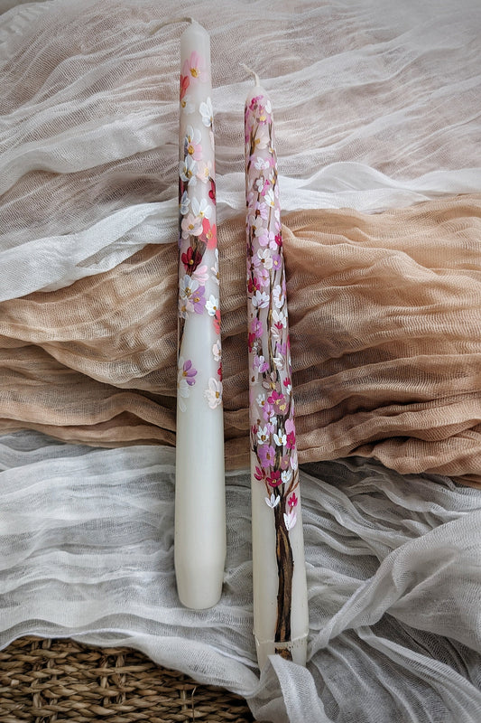 Hand-painted Floral Taper Candle - Ivory