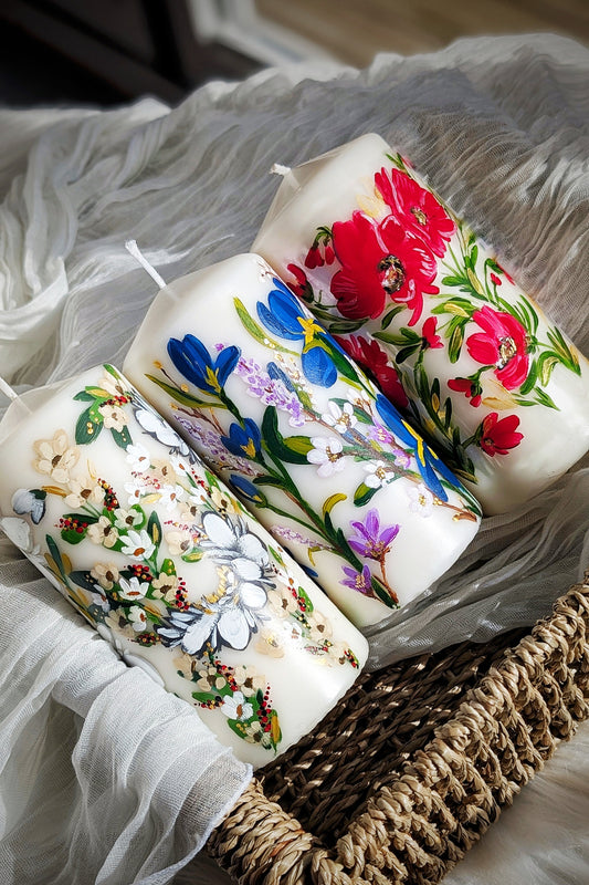 Decorative Hand-Painted Pillar Candle - 14cm Ivory (Medium)