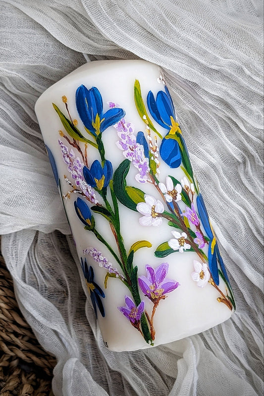 Decorative Hand-Painted Pillar Candle - 10cm Ivory (Small)