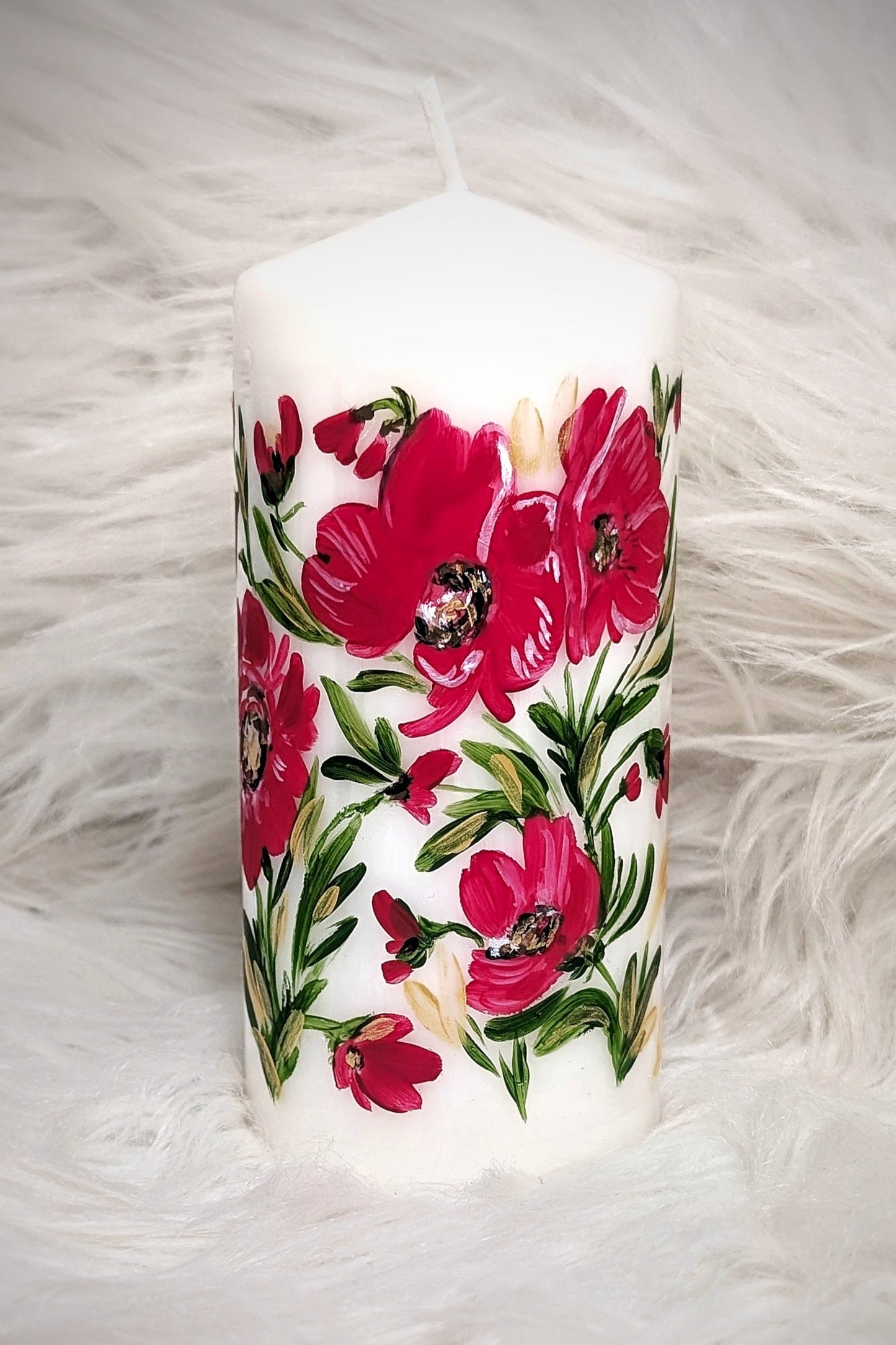 Decorative Hand-Painted Pillar Candle - 10cm Ivory (Small)