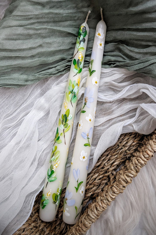 Hand-painted Floral Taper Candle - Ivory